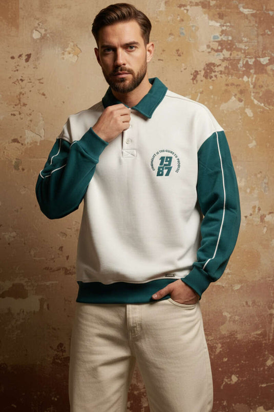 Gömlek Yaka Baskılı Erkek Sweatshirt Ekru