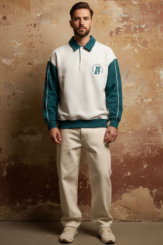 Shirt Collar Printed Men's Sweatshirt Ecru