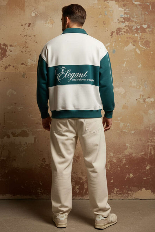 Shirt Collar Printed Men's Sweatshirt Ecru