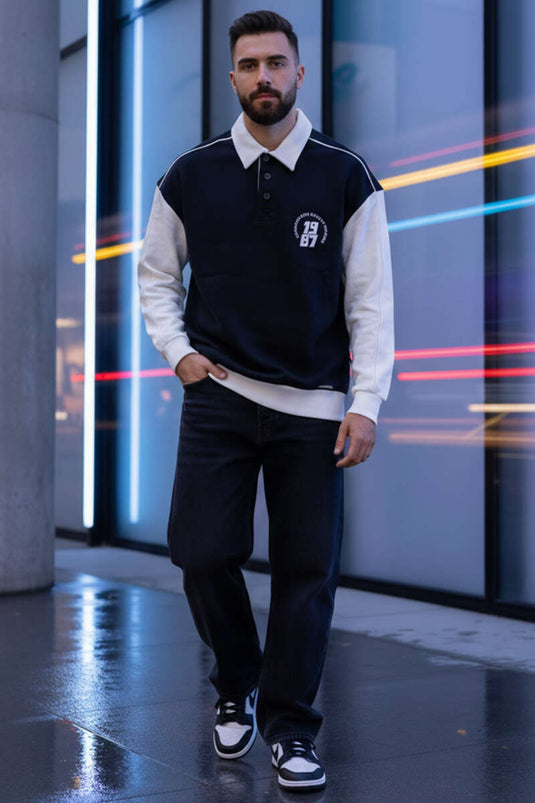 Shirt Collar Printed Men's Sweatshirt Black