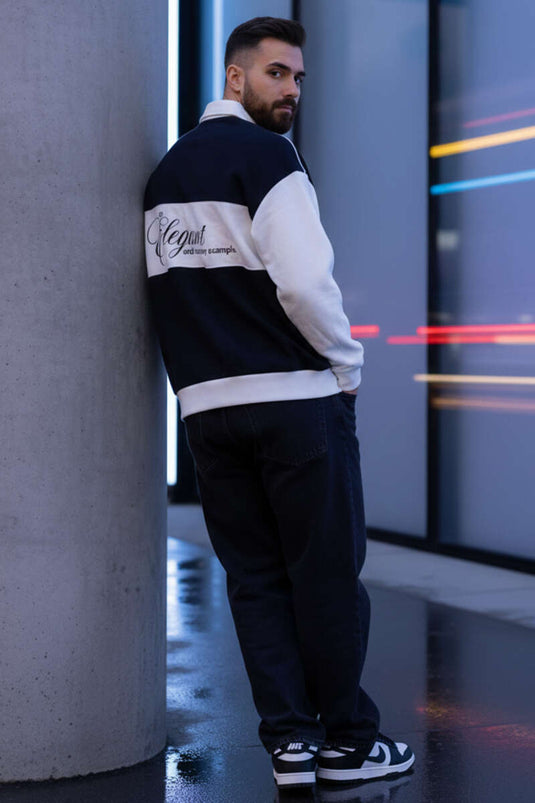 Shirt Collar Printed Men's Sweatshirt Black