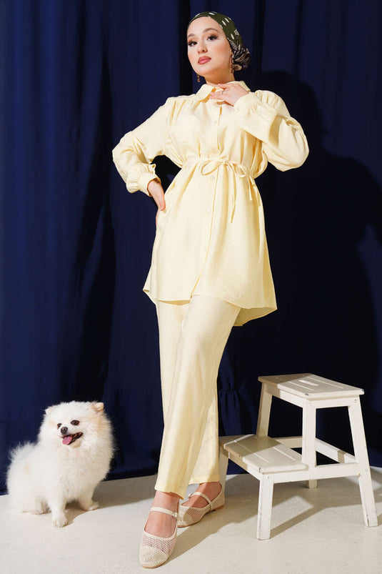 Gömlek Yaka Bel İp Kuşaklı İkili Takım Sarı