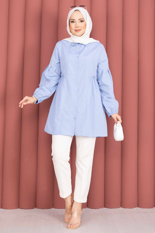 Shirt Collar Tunic with Waist Ruching Detail in Baby Blue
