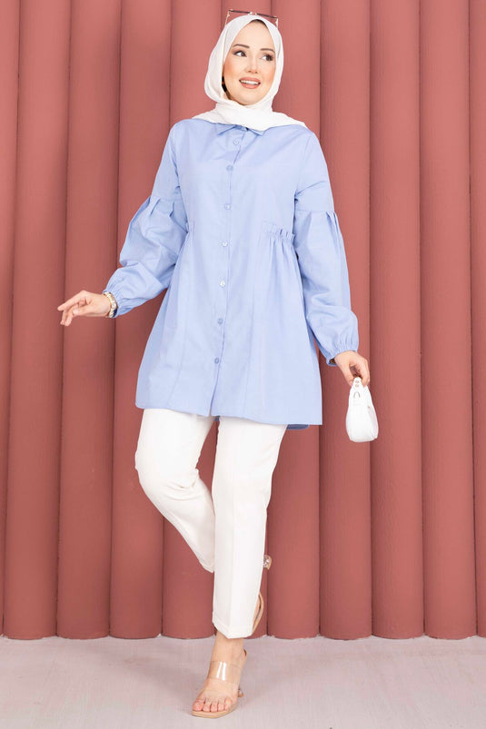 Shirt Collar Tunic with Waist Ruching Detail in Baby Blue