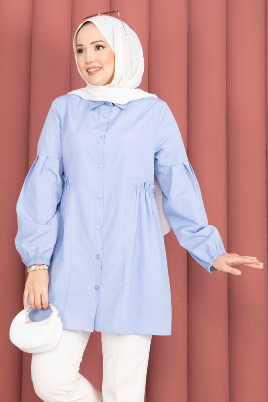 Gömlek Yaka Beli Büzgü Detaylı Tunik Bebe Mavisi