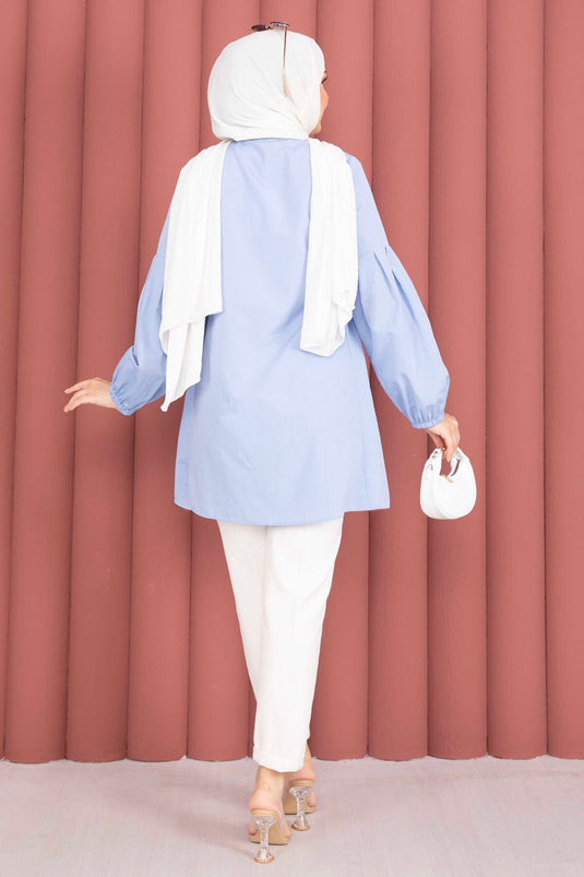 Shirt Collar Tunic with Waist Ruching Detail in Baby Blue