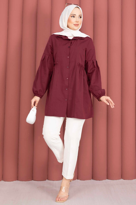 Gömlek Yaka Beli Büzgü Detaylı Tunik Bordo