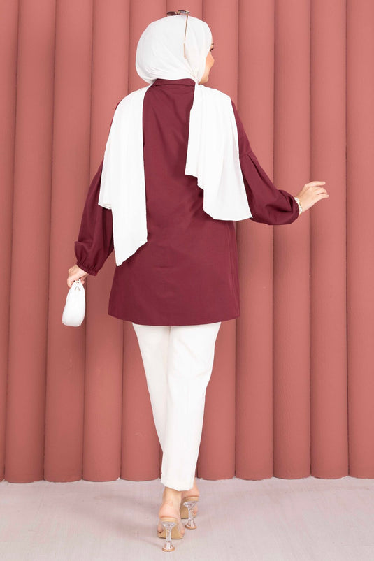Gömlek Yaka Beli Büzgü Detaylı Tunik Bordo