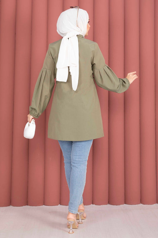 Shirt Collar Tunic with Waist Drawstring Detail in Khaki