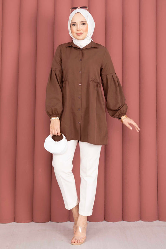 Shirt Collar Tunic with Waist Ruching Detail Brown