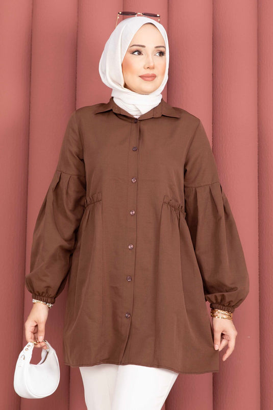 Gömlek Yaka Beli Büzgü Detaylı Tunik Kahve