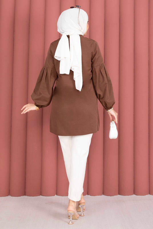 Shirt Collar Tunic with Waist Ruching Detail Brown