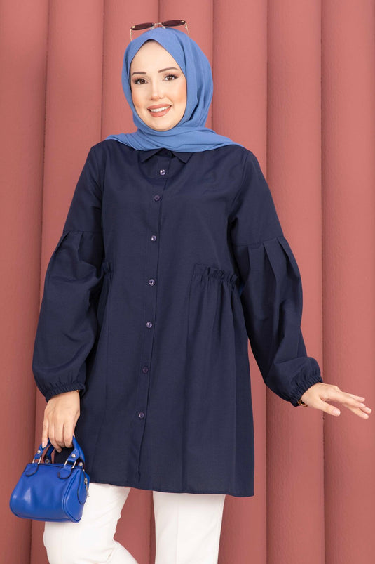 Navy Blue Tunic with Shirt Collar and Waist Shirring Detail