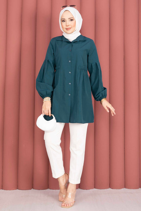 Petrol Shirt Collar Tunic with Waist Drawstring Detail