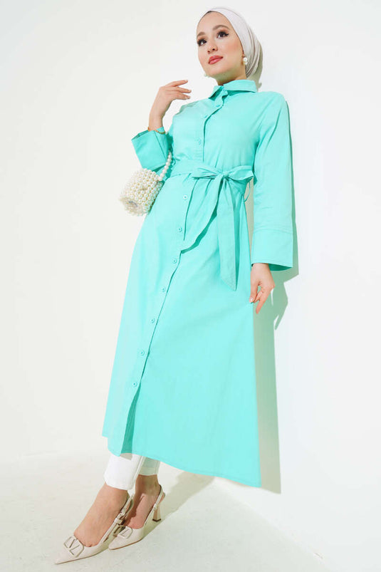 Gömlek Yaka Boy Düğmeli Tunik Mint