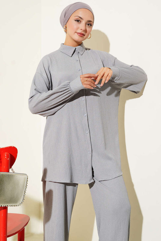 Costume deux pièces bordeaux à col chemise gris