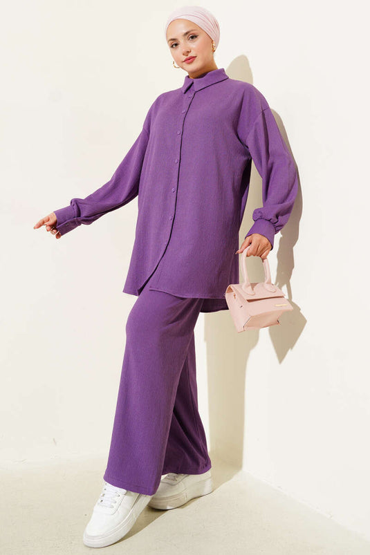 Costume deux pièces bordeaux à col chemise lilas