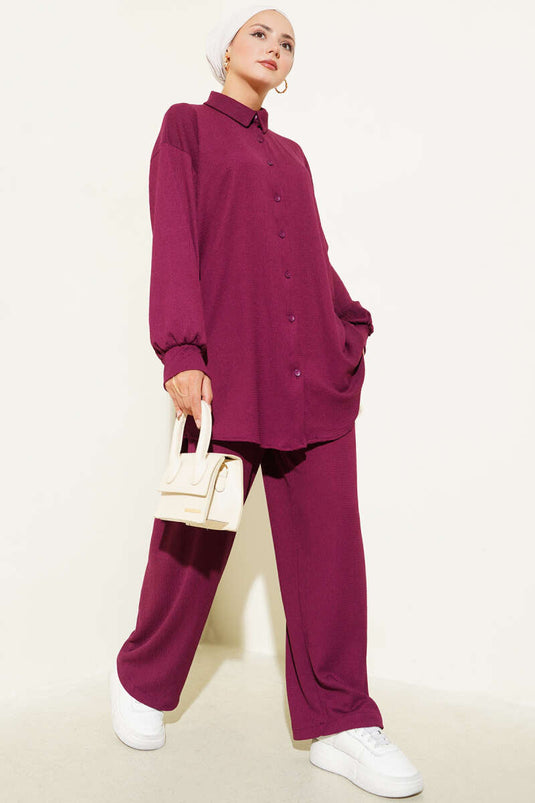 Costume deux pièces bordeaux à col chemise prune