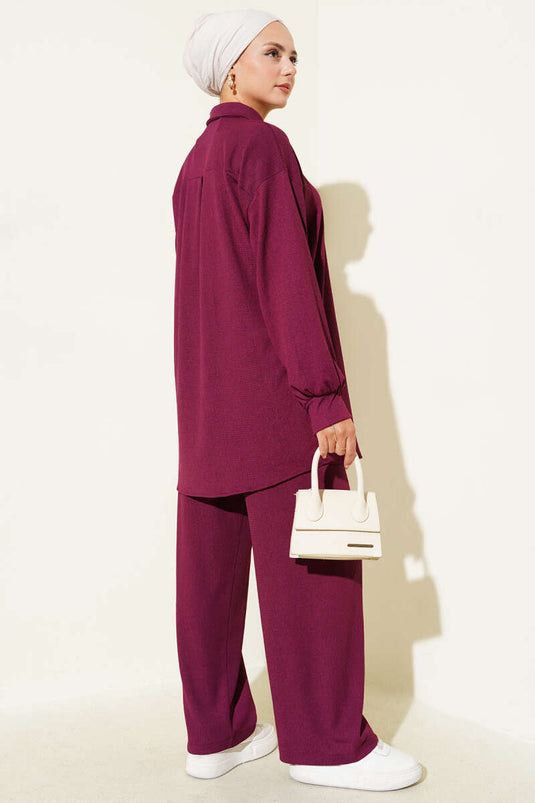 Costume deux pièces bordeaux à col chemise prune