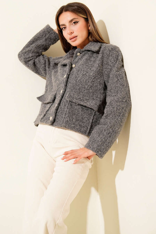 Veste courte en cachemire à col chemise et poches, gris foncé