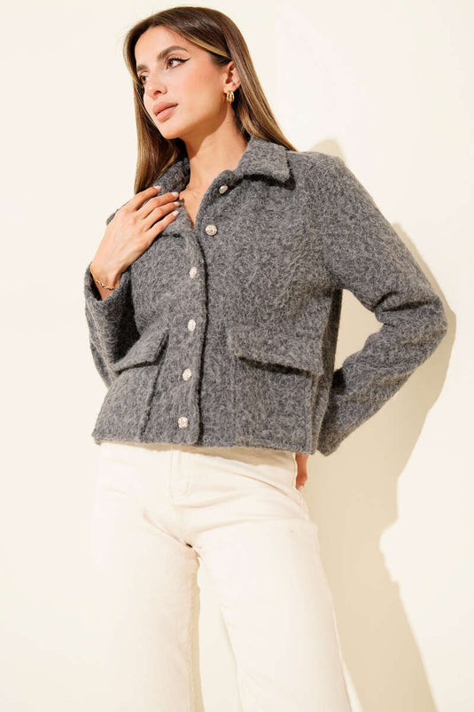 Veste courte en cachemire à col chemise et poches, gris foncé