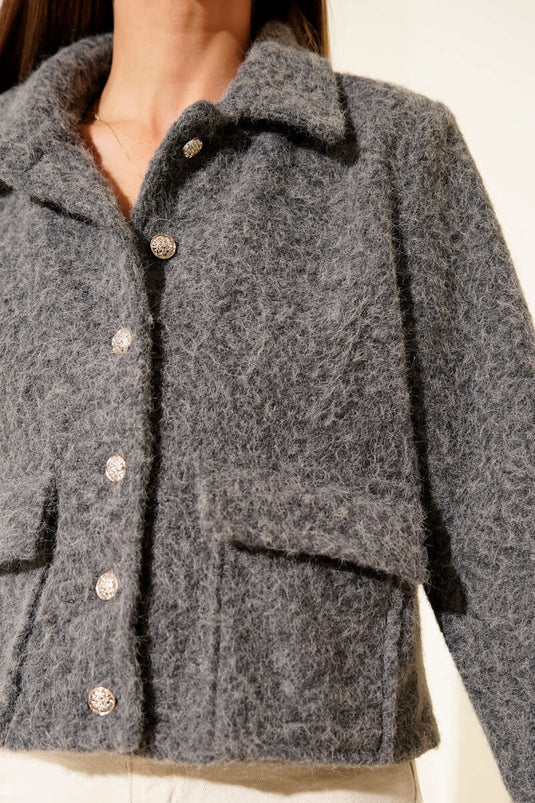 Veste courte en cachemire à col chemise et poches, gris foncé