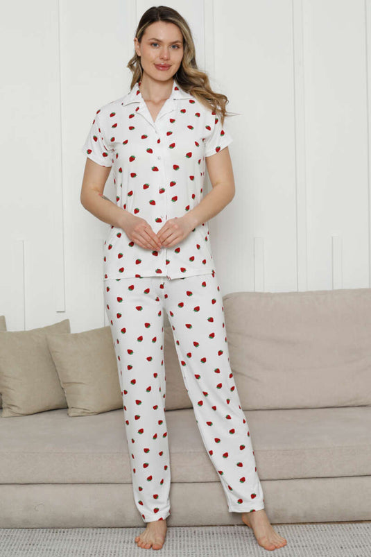 Shirt Collar Strawberry Short Sleeve Pajama Set White