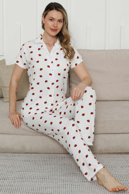 Shirt Collar Strawberry Short Sleeve Pajama Set White
