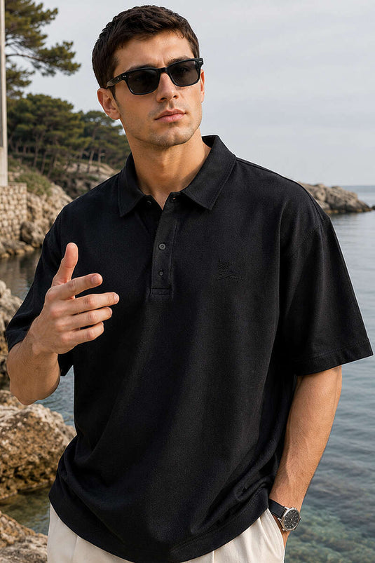 Gömlek Yaka Çıtçıtlı Erkek T-shirt Siyah