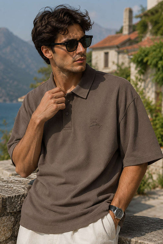 Gömlek Yaka Çıtçıtlı Erkek T-shirt Vizon