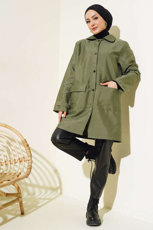 Shirt Collar Snap Closure Coat Khaki