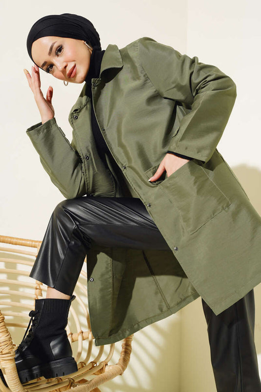 Shirt Collar Snap Closure Coat Khaki