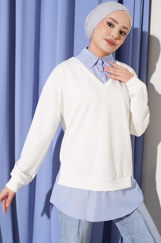 Ecru Gestreiftes Strickshirt Mit Kragen Tunika