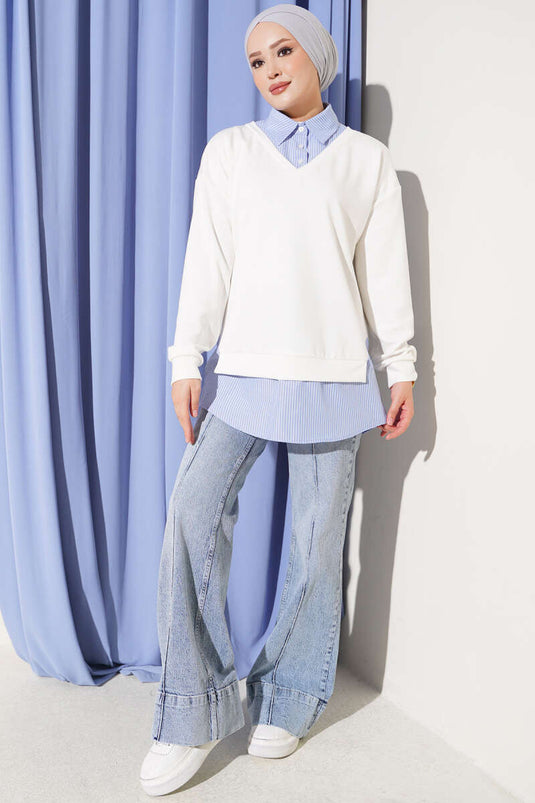Tunika A Righe Con Collo Camicia In Maglia Color Panna