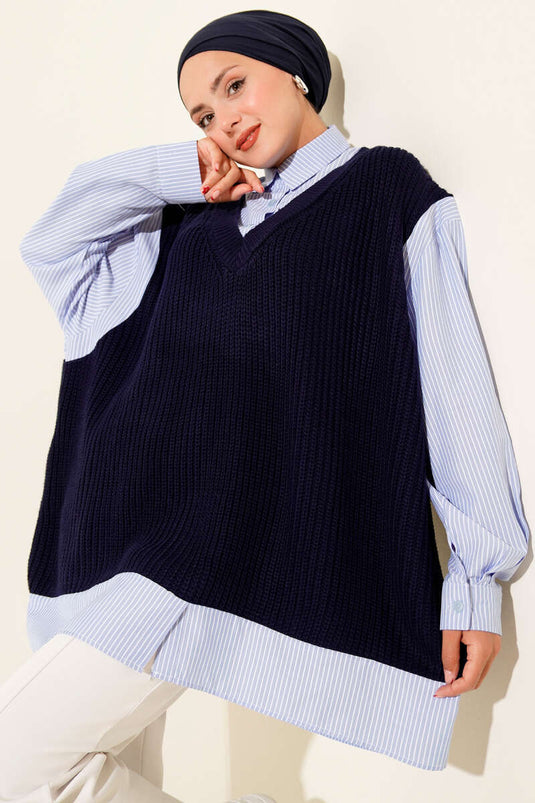 Shirt Collar Striped Knit Tunic Navy Blue