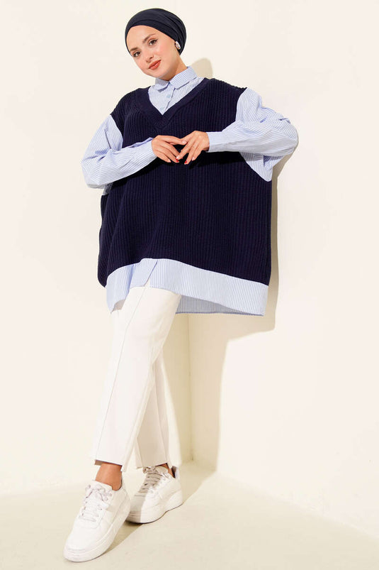 Gömlek Yaka Çizgili Triko Tunik Lacivert