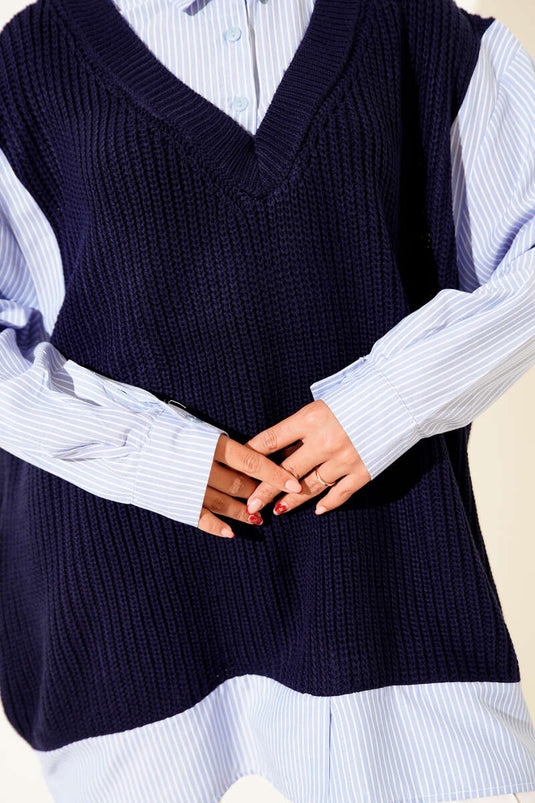 Shirt Collar Striped Knit Tunic Navy Blue