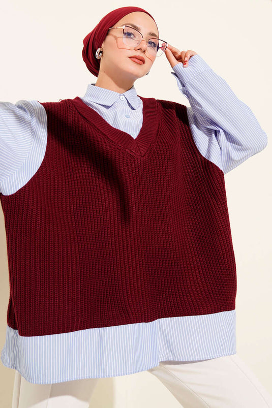 Tunique en tricot rayée à col chemise bordeaux