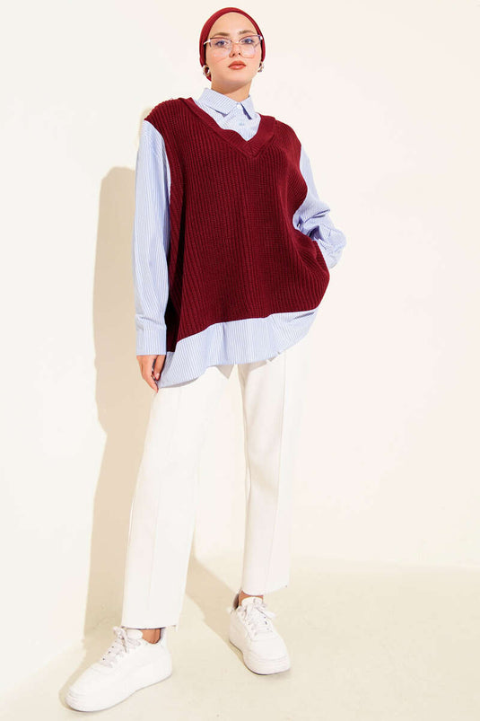 Shirt Collar Striped Knit Tunic Burgundy