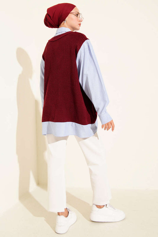 Shirt Collar Striped Knit Tunic Burgundy