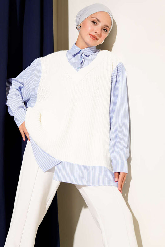 Tunique en maille rayée à col chemise écru