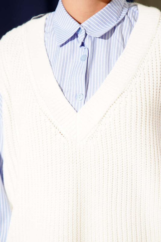 Tunique en maille rayée à col chemise écru