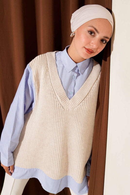 Shirt Collar Striped Knit Tunic Stone