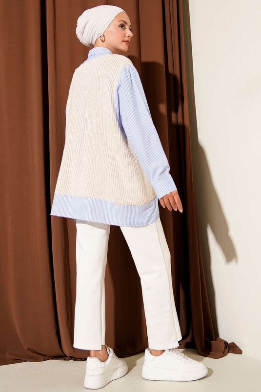 Gömlek Yaka Çizgili Triko Tunik Taş