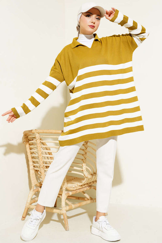 Gömlek Yaka Çizgili Triko Tunik Yağ Yeşili