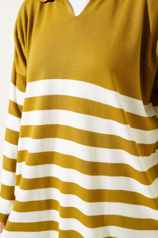 Gömlek Yaka Çizgili Triko Tunik Yağ Yeşili