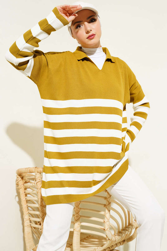 Gömlek Yaka Çizgili Triko Tunik Yağ Yeşili