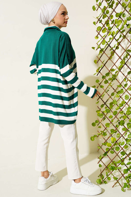 Tunique rayée en maille à col chemise émeraude