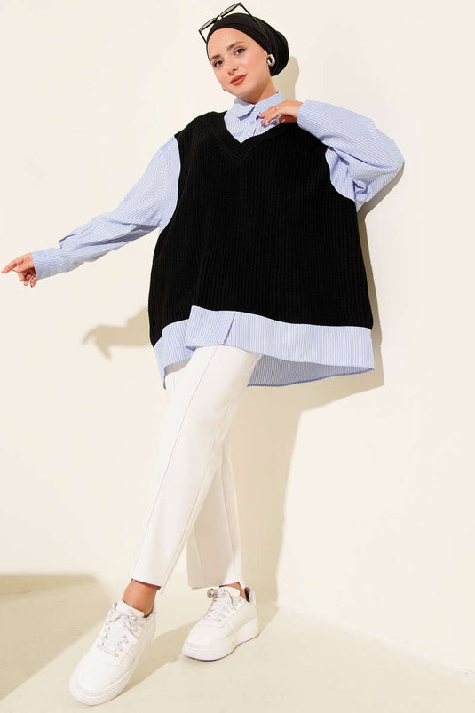 Gömlek Yaka Çizgili Triko Tunik Siyah