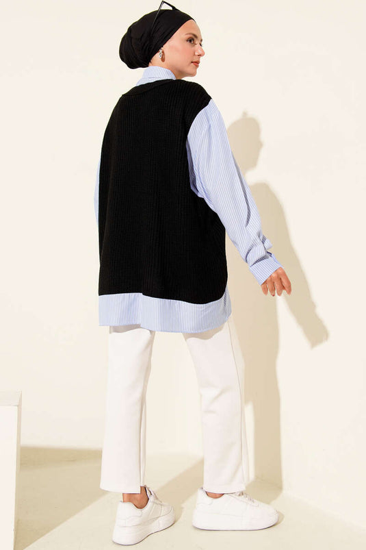 Gömlek Yaka Çizgili Triko Tunik Siyah